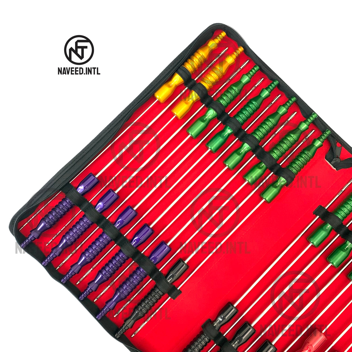 Color-coded fixed handle liposuction cannulas with red yellow green purple and black handles In Carrrying Pouche Right Side View