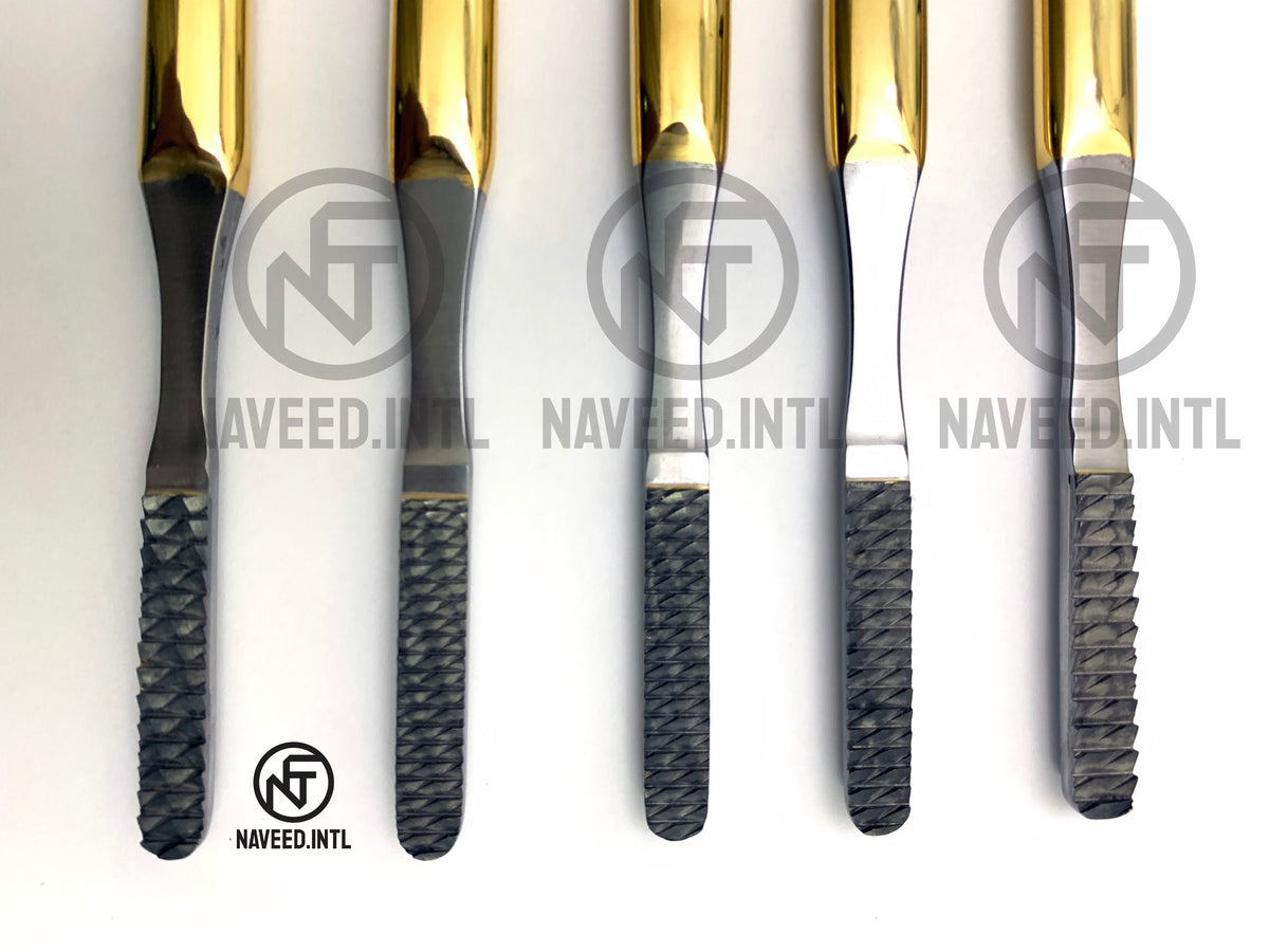 Fomon nasal rasp set showing different rasp patterns for nasal bone contouring Lower Side View