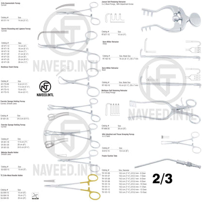 Infant Laparotomy Set 2/3 – Gemini Ligature Forceps, Backhaus Towel Clamps, Foerster Sponge Forceps, Webster & TC Crile-Wood Needle Holders, Jansen & Weitlaner Retractors, Allis Tissue Forcep and Frazier Suction Tube by Naveed International