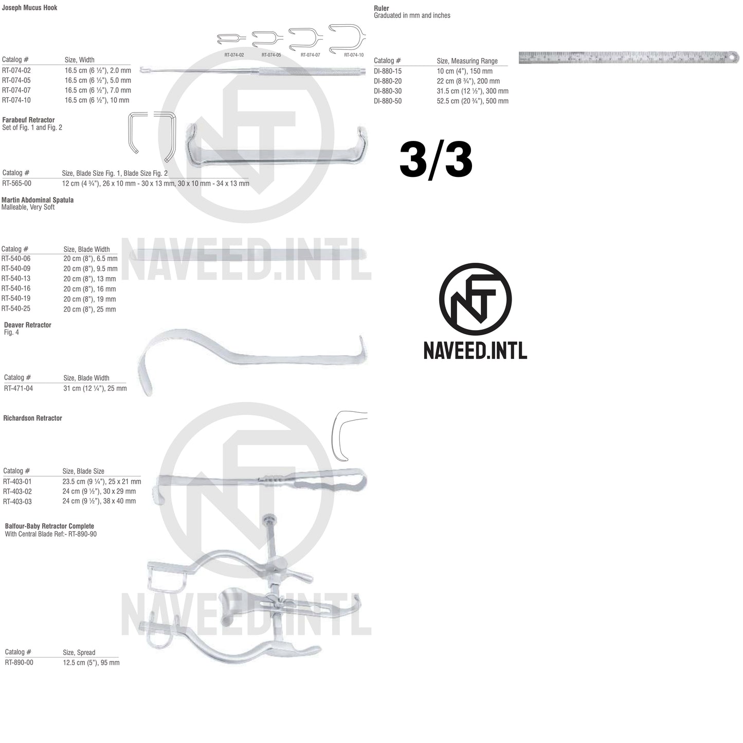 Infant Laparotomy Set 3/3 – Joseph Mucus Hooks, Farabeuf Retractor, Martin Abdominal Spatula in 6 Sizes, Deaver Retractor, Richardson Retractor, Balfour-Baby Retractor Complete and Graduated Surgical Ruler by Naveed International