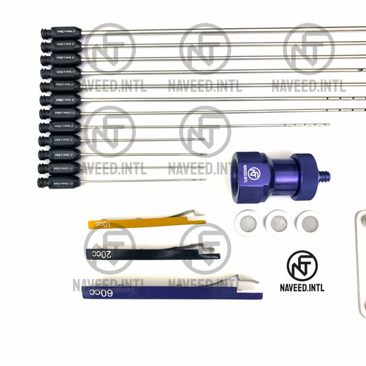 27-piece liposuction cannula set with multiple diameters and lengths written on every cannulas for surgeons