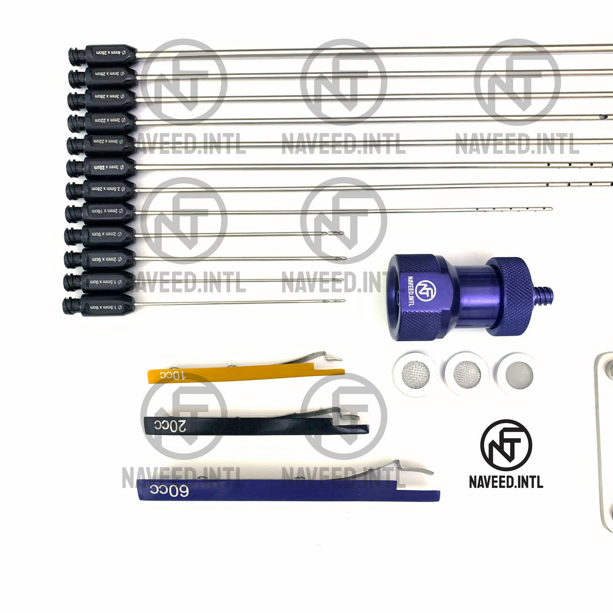 27-piece liposuction cannula set with multiple diameters and lengths written on every cannulas for surgeons
