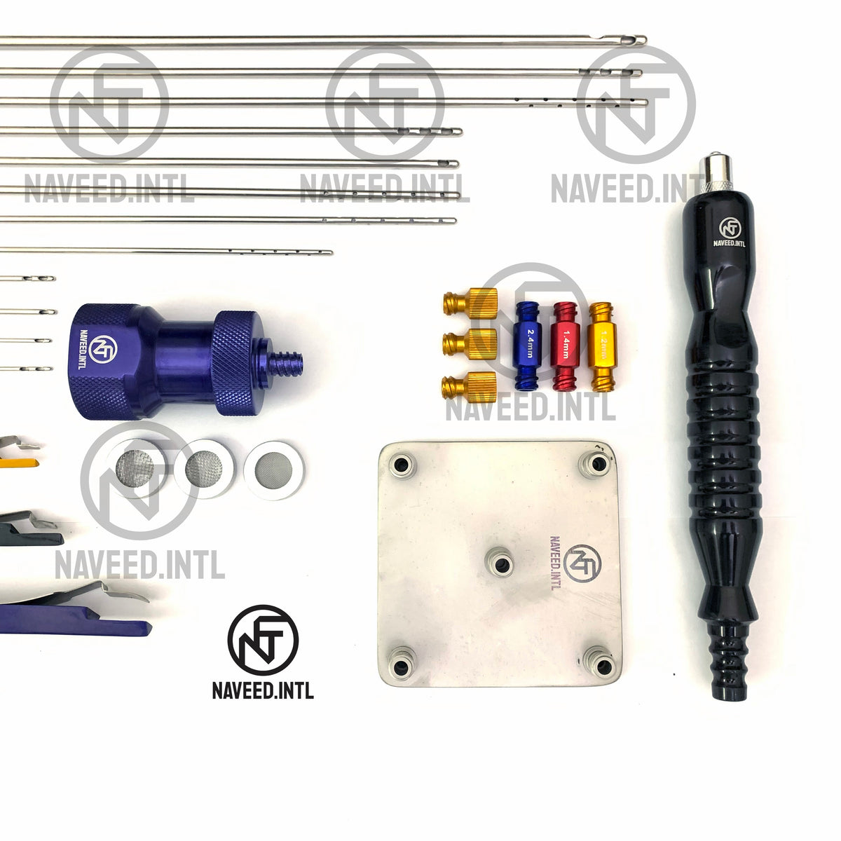 27-piece liposuction cannula set showing the clearly cannula tips shapes 