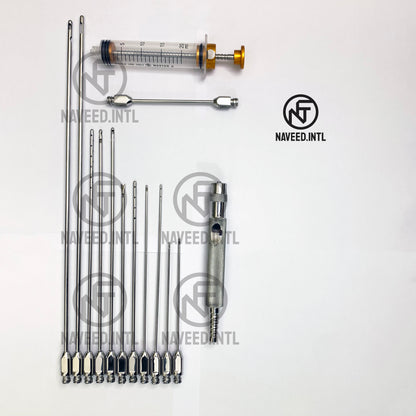 14-piece liposuction cannula set with stainless steel Luer Lock bases and fat transfer accessories