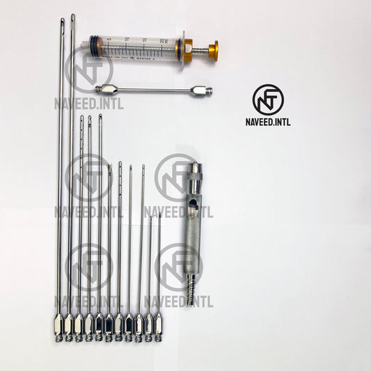 14-piece liposuction cannula set with stainless steel Luer Lock bases and fat transfer accessories