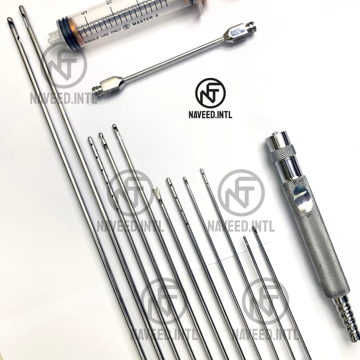 Stainless steel Mercedes and spiral-hole liposuction cannulas in a 14-piece set