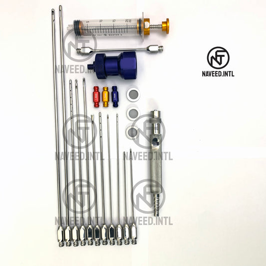 21-piece liposuction cannula and fat transfer set with Luer Lock cannulas and accessories