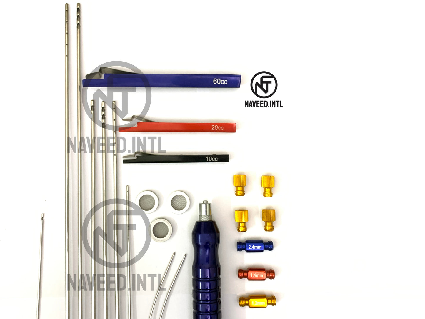 Liposuction Cannula Set of 9 Pieces, 3 Syringe Snap Lock, Fat Converters, Nano Cartridge with 3 Mesh, 4 Syringe Cap, 1 Luer Lock to Tubing Handle