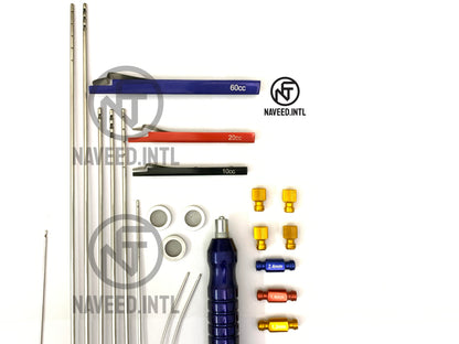 Liposuction Cannula Set of 9 Pieces, 3 Syringe Snap Lock, Fat Converters, Nano Cartridge with 3 Mesh, 4 Syringe Cap, 1 Luer Lock to Tubing Handle