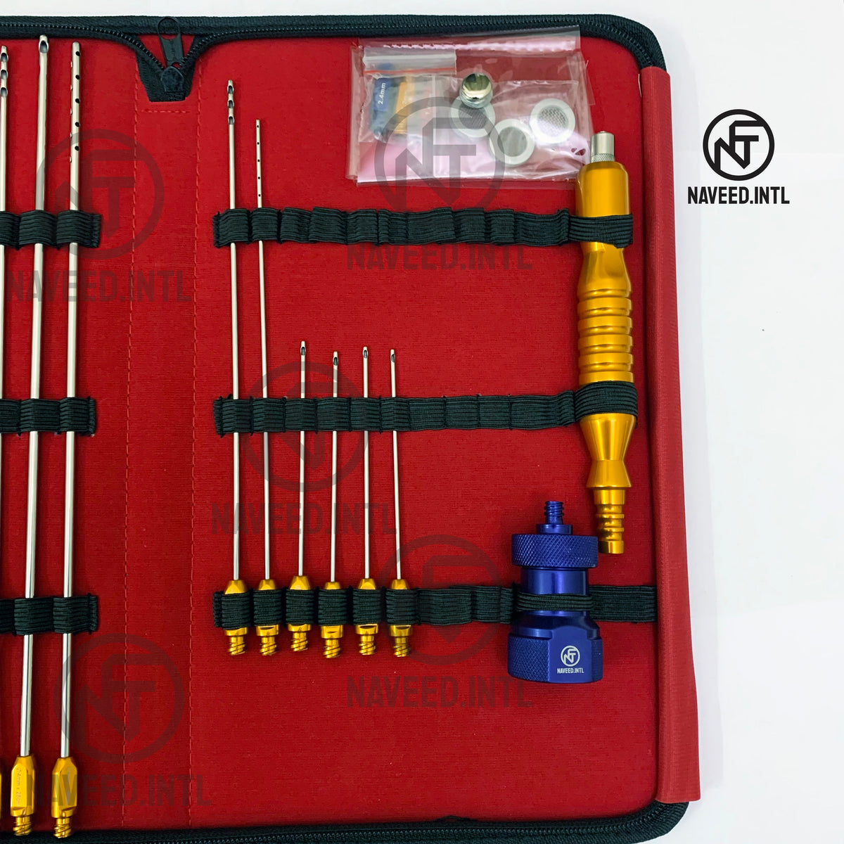 right side of pouch with cannulas and nano cartridge with Luer lock to suction handle, 3 x mesh and 3 different sizes of aerobic luer to luer adapters 1.2mm, 1.4mm and 2.4mm