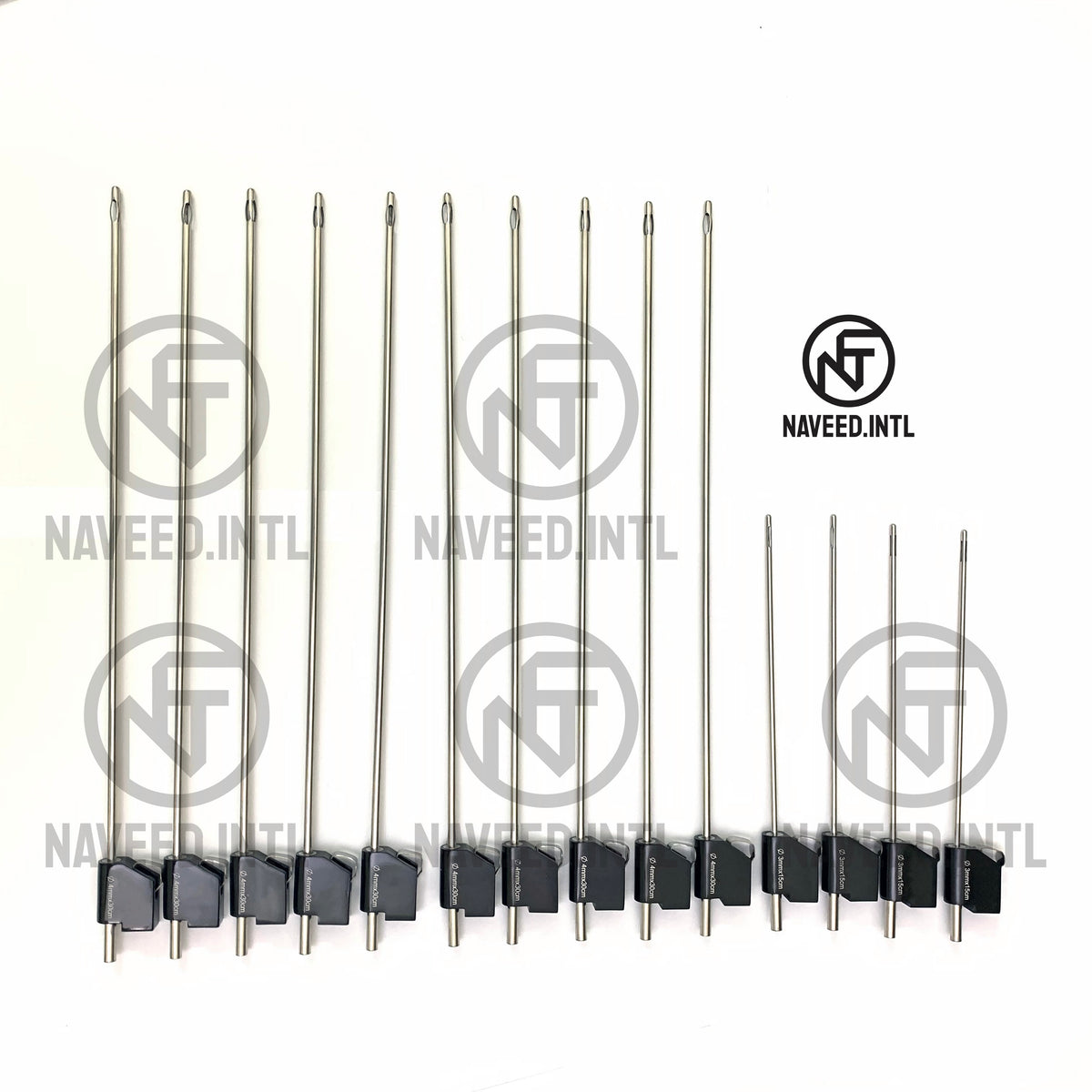 14-piece MicroAire PAL-compatible reusable liposuction cannula set with basket and Mercedes cannulas