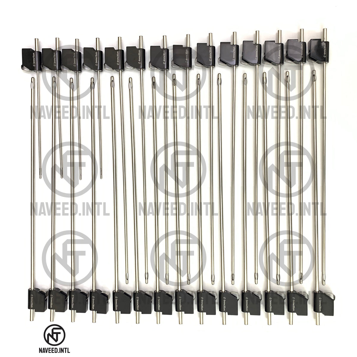 MicroAire PAL Liposuction Cannula Set 28-Piece by Naveed International – Full Layout Showing Black 30cm Basket 5mm & 4mm Cannulas, Red 15cm Mercedes 3mm Cannulas and Blue Toomey Hub Cannulas with Anodised Aluminium Bases