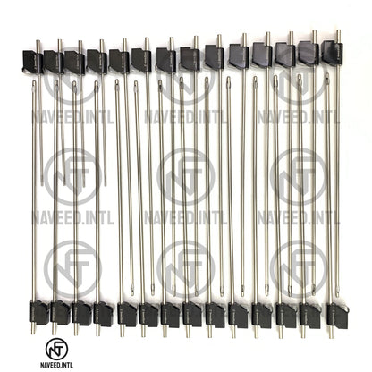 MicroAire PAL Liposuction Cannula Set 28-Piece by Naveed International – Full Layout Showing Black 30cm Basket 5mm & 4mm Cannulas, Red 15cm Mercedes 3mm Cannulas and Blue Toomey Hub Cannulas with Anodised Aluminium Bases
