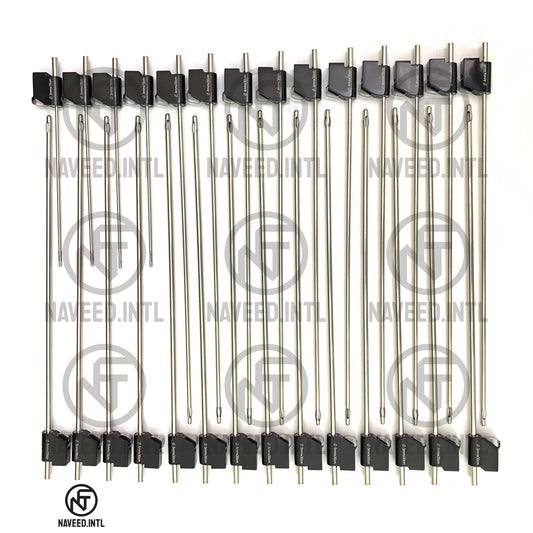 MicroAire PAL Liposuction Cannula Set 28-Piece by Naveed International – Full Layout Showing Black 30cm Basket 5mm & 4mm Cannulas, Red 15cm Mercedes 3mm Cannulas and Blue Toomey Hub Cannulas with Anodised Aluminium Bases
