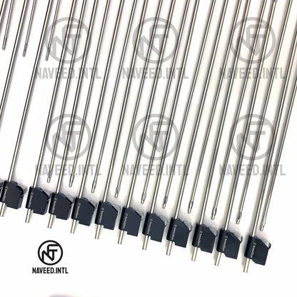 MicroAire PAL Cannula Set Red Roll Case Right Panel – Showing 5mm Basket 30cm Cannulas with Black Power Handles and Blue Toomey Hub Cannulas Secured in Individual Elastic Straps by Naveed International