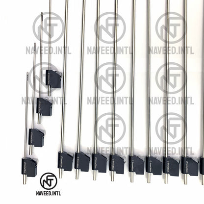 MicroAire PAL Cannula Set Red Roll Case Left Panel – Showing 3mm Mercedes 15cm Cannulas with Red Anodised Handles and Black Power Handle Basket Cannulas with Size Markings by Naveed International