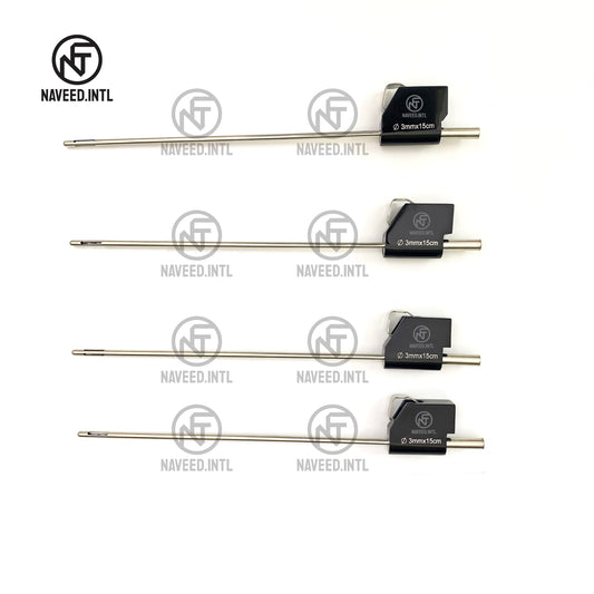 MicroAire PAL Mercedes Cannula Set 4-Piece 3mm x 15cm by Naveed International – Full Set View Showing Non-Magnetic Stainless Steel Shafts with Anodised Aluminium PAL Compatible Bases