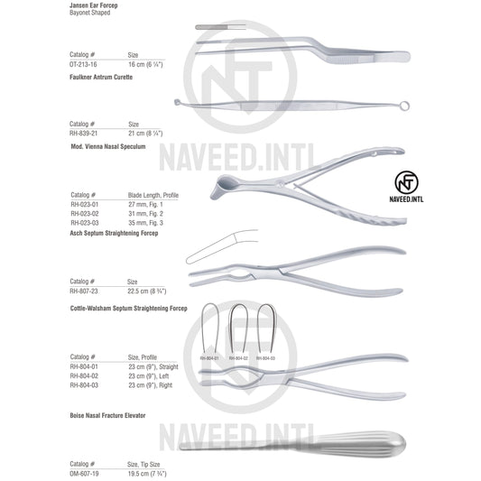 Nasal Fracture Reduction Surgical Instrument Set | ENT Rhinoplasty Kit | Cottle-Walsham Forcep, Asch Forcep, Boise Elevator, Vienna Speculum, Jansen Forcep & Faulkner Curette | German Stainless Steel