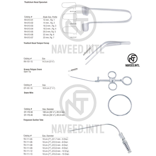 Nasal Polypectomy Surgical Instrument Set | ENT Nasal Surgery Kit | Thudichum Nasal Speculum, Krause Polypus Snare, Fergusson Suction Tube, Troeltsch Tampon Forcep & Snare Wire | German Stainless Steel