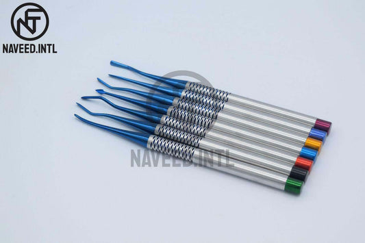 PDL Luxating Root Elevator Set 7 Pieces – Titanium Coated Colour-Coded Dental Bone Elevators with Autoclavable Tray