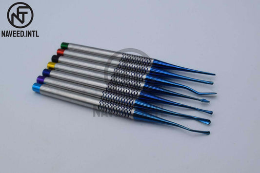 PDL Luxating Root Elevator Set 7 Pieces – Titanium Coated Colour-Coded Dental Bone Elevators with Autoclavable Tray