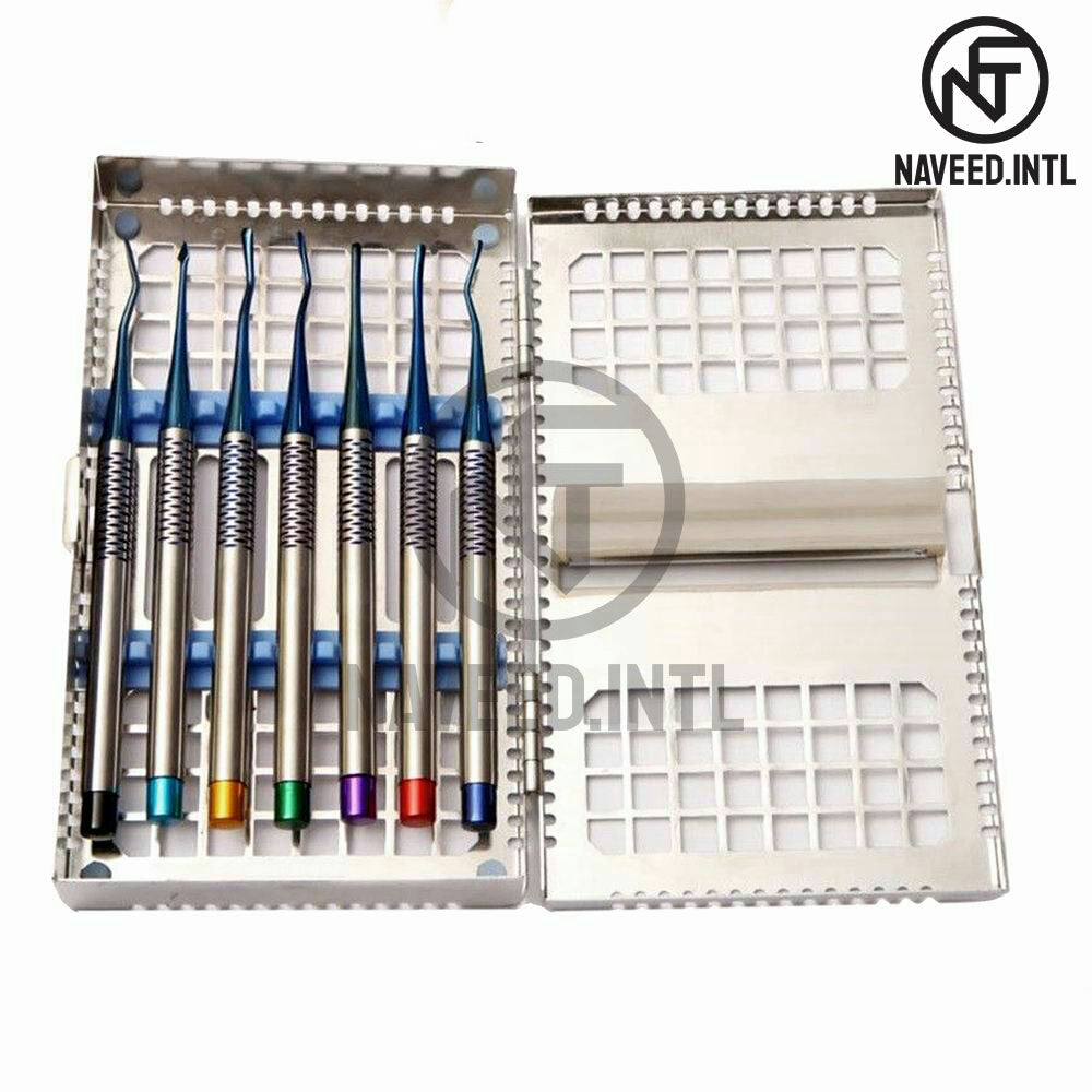 PDL Luxating Root Elevator Set 7 Pieces – Titanium Coated Colour-Coded Dental Bone Elevators with Autoclavable Tray