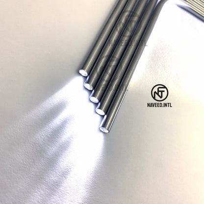 Set of 5 Ferrera breast retractor light pipes showing brightness and smooth fiber optic illumination