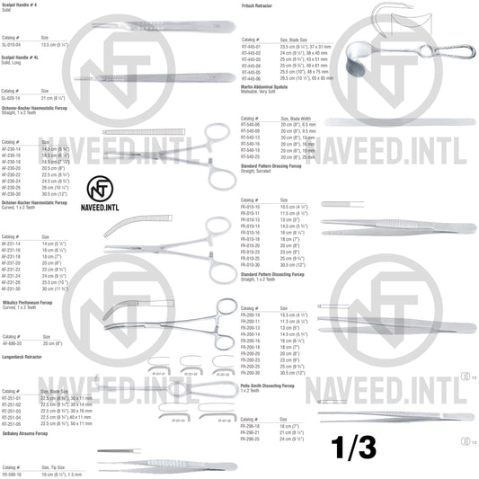 Stomach Surgery Set 1/3 – Scalpel Handles, Ochsner-Kocher Forceps, Mikulicz Peritoneum Forcep, Langenbeck Retractor, Fritsch Retractor, Martin Abdominal Spatula, Standard Pattern and Potts-Smith Dissecting Forceps by Naveed International