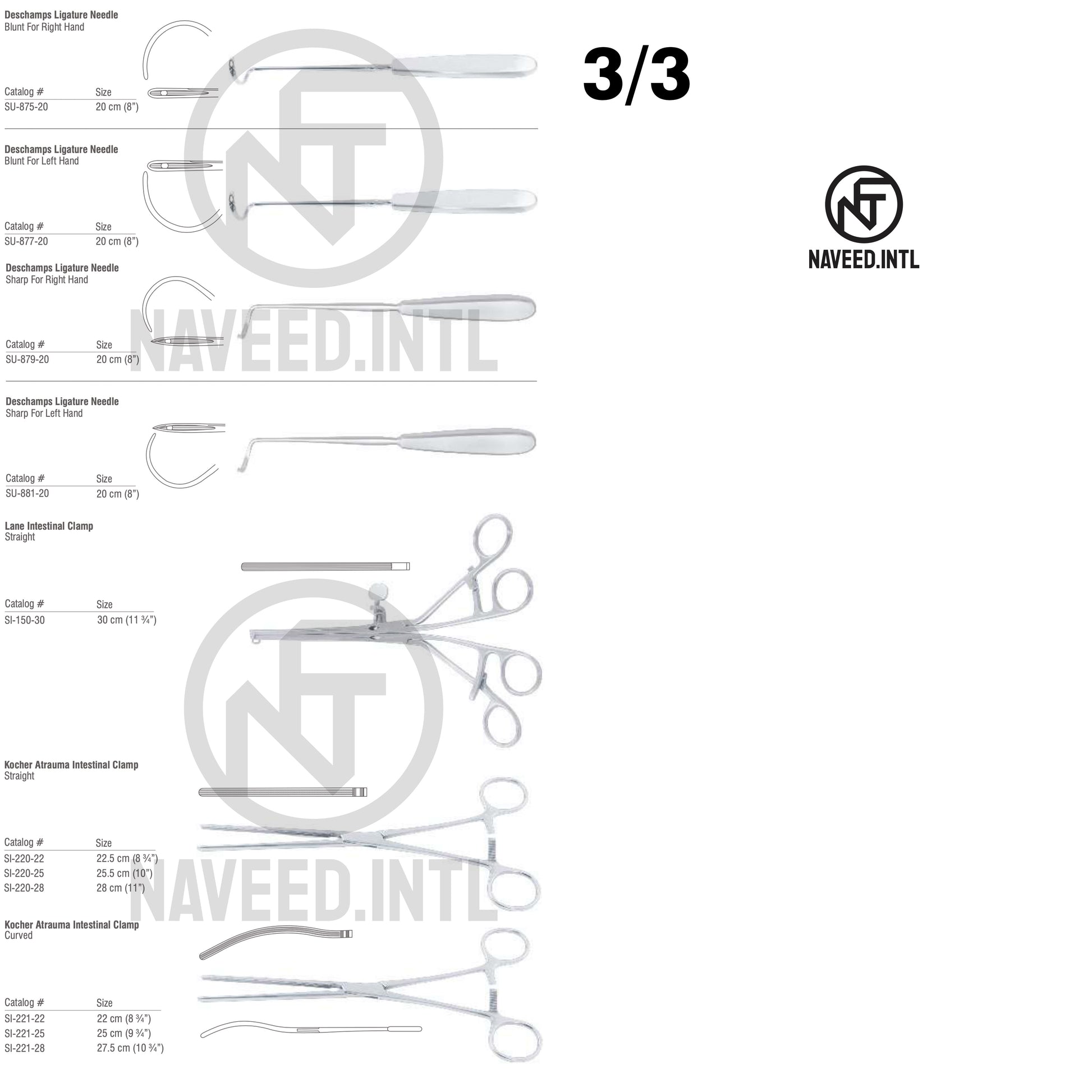Stomach Surgery Set 3/3 – Deschamps Ligature Needles Blunt and Sharp Right and Left Hand, Lane Intestinal Clamp Straight, Kocher Atrauma Intestinal Clamps Straight and Curved in 3 Sizes by Naveed International