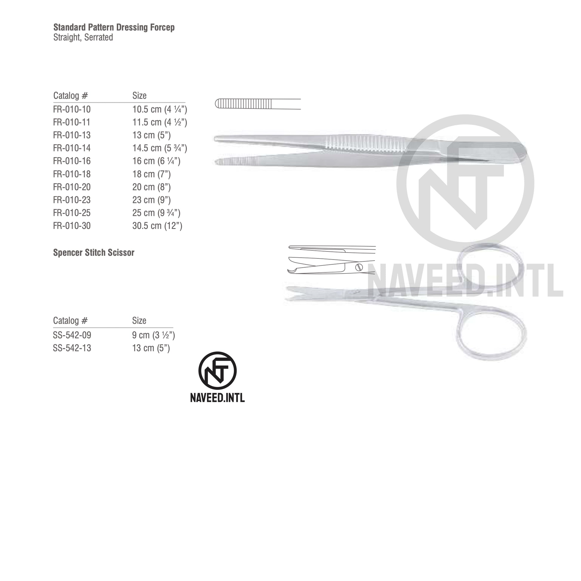 Suture Removal Set by Naveed International – Standard Pattern Dressing Forcep Straight Serrated in 10 Sizes from 10.5 to 30.5 cm and Spencer Stitch Scissor in 9 cm and 13 cm