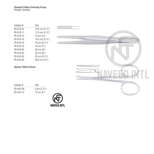 Suture Removal Set by Naveed International – Standard Pattern Dressing Forcep Straight Serrated in 10 Sizes from 10.5 to 30.5 cm and Spencer Stitch Scissor in 9 cm and 13 cm