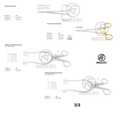 Tracheostomy Set 3/3 – Spencer Stitch Scissor, TC Crile-Wood Needle Holder, Weitlaner Self Retaining Retractors Sharp and Blunt Prongs by Naveed International