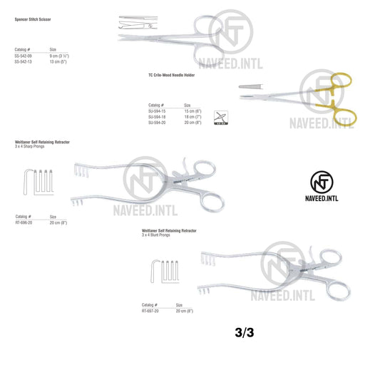 Tracheostomy Set 3/3 – Spencer Stitch Scissor, TC Crile-Wood Needle Holder, Weitlaner Self Retaining Retractors Sharp and Blunt Prongs by Naveed International